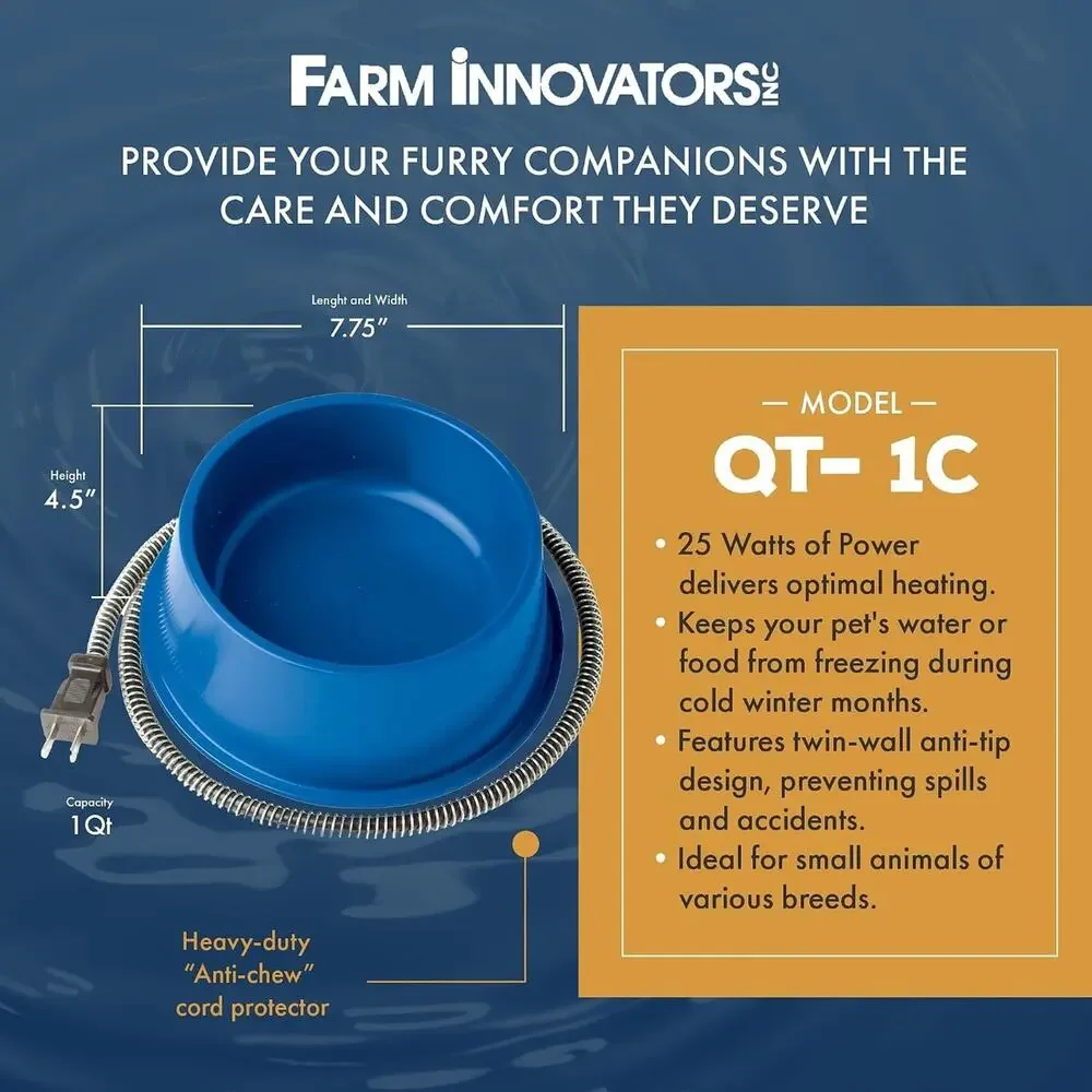 1 Quart Plastic Heated Pet Bowl Anti Chew Cord 25 Watts Power Rabbits Dogs Cats